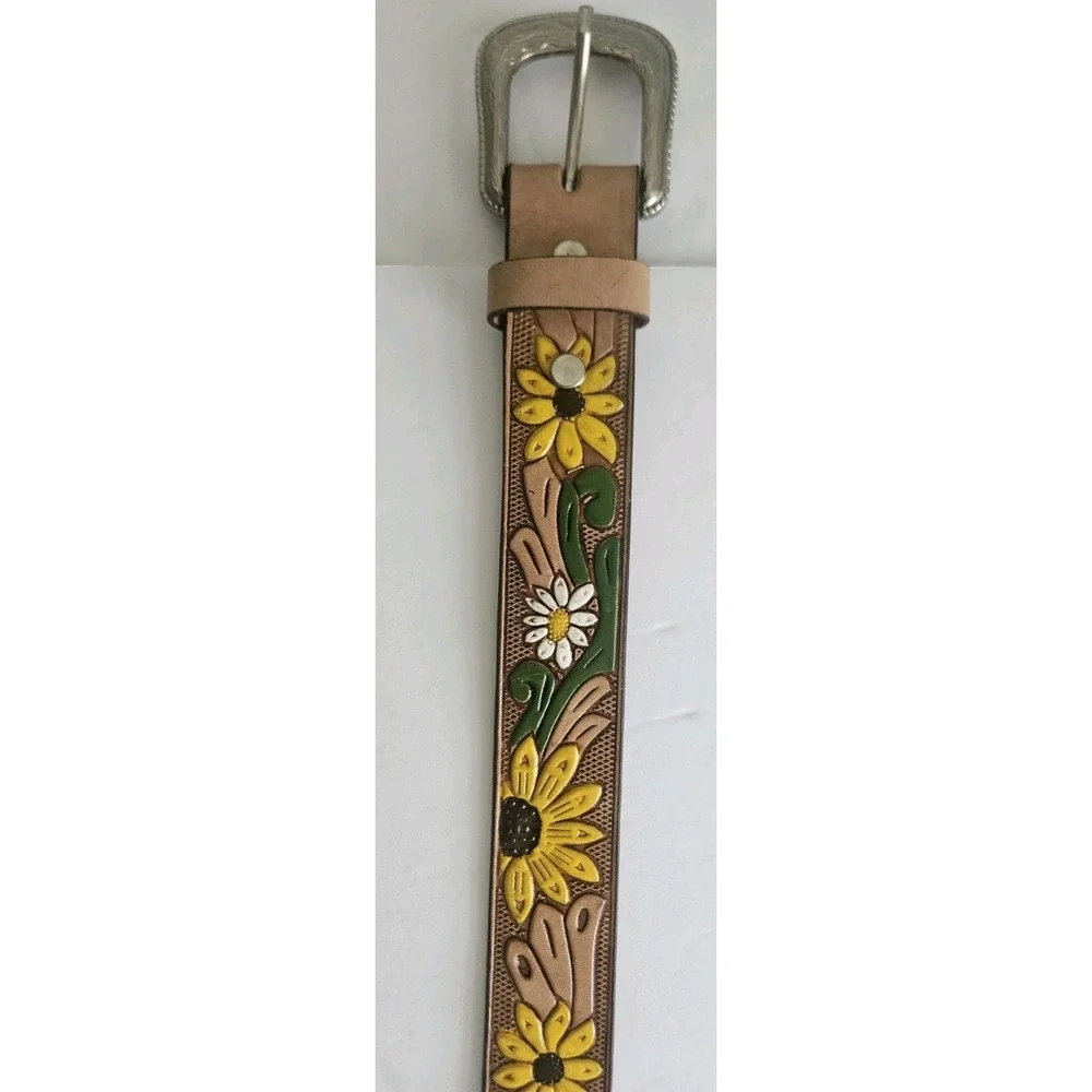 Vintage Hand-Tooled Sunflower Leather Belt Made In Mexico Womens Size 34